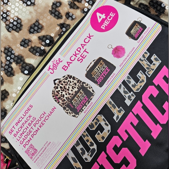 JUSTICE Girl Backpack Set 4pcs, Lunch Bag, Keychain & Pouch, Cheetah Theme, NEW - Picture 2 of 9